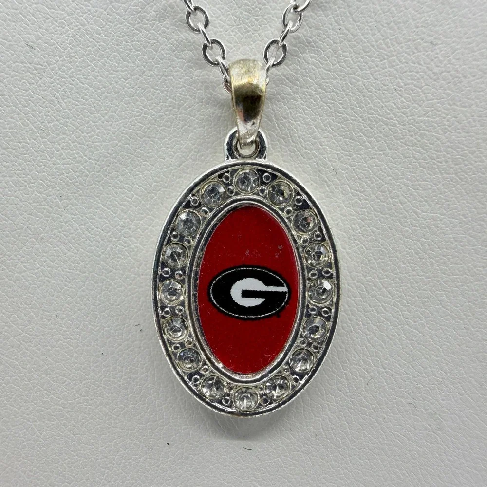 Georgia Bulldogs Sports Logo Oval Pendant Necklace Silver Tone Crystal Accent